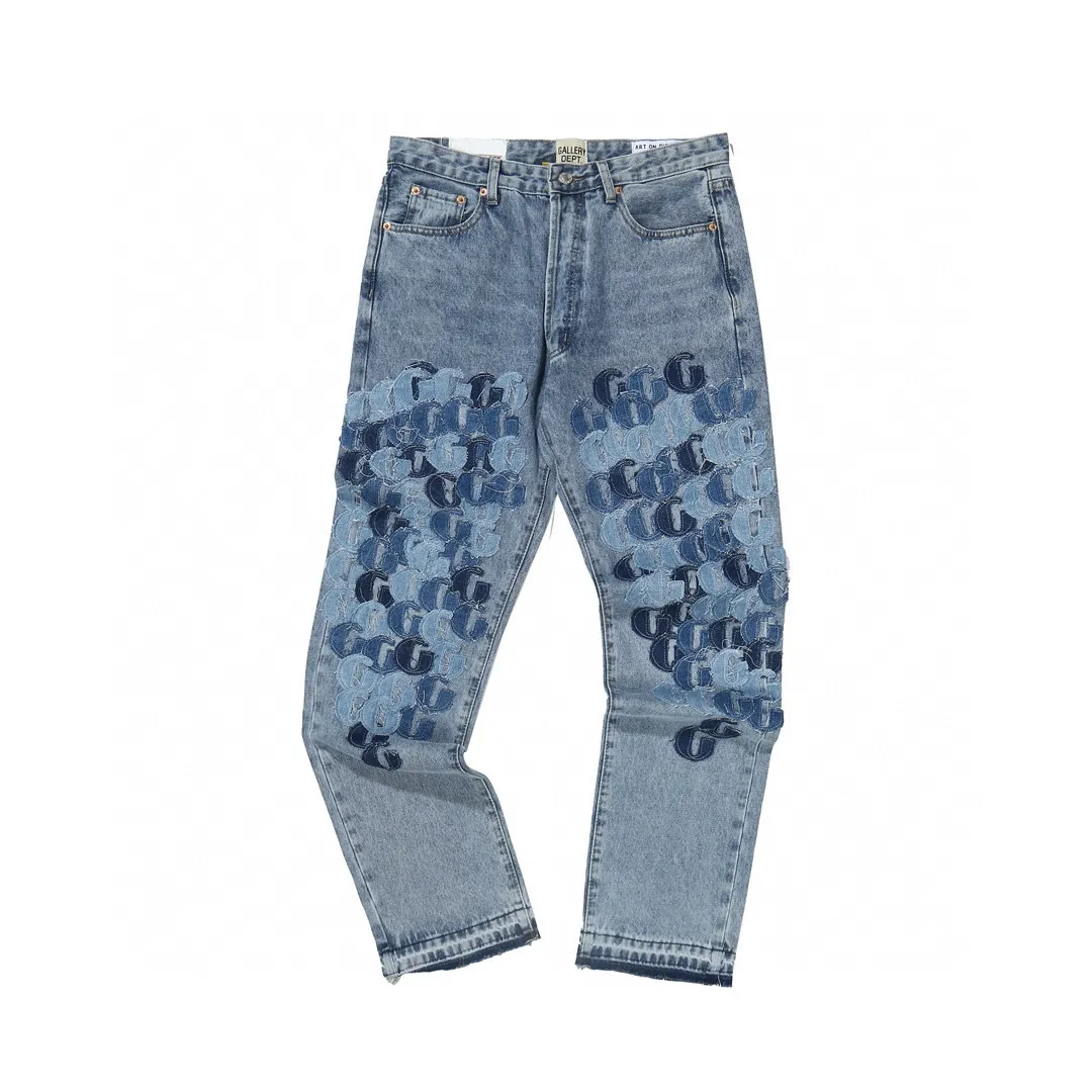 -Size upper body P286#G77 GALLERY DEPT.G letter patch pudding 5001 denim washed and distressed spliced jeans -Original purchase and pattern making to truly restore the ultimate vintage texture -Original hardware accessories, washed and other elevators, QR code analysis are all purchased from the original factory, high degree of restoration, you are welcome to compare with a certain product~ -Three-dimensional version Loose and comfortable, not picky about the figure, taller and slimmer, factory Seiko, original factory quality control, same style for men and women, can be matched with couples Versatile recommendation: must-have jeans for all seasons Color: blue Size: S-XXL (28-36)